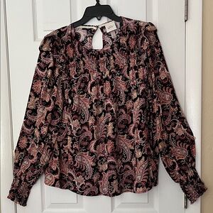 Knox Rose boho long sleeve top paisley multi color smocked yolk cuffs ruffle L